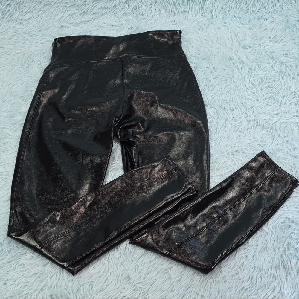 SPANX black shiny faux leather high-rise skinny leggings stretch sz M 26" inseam